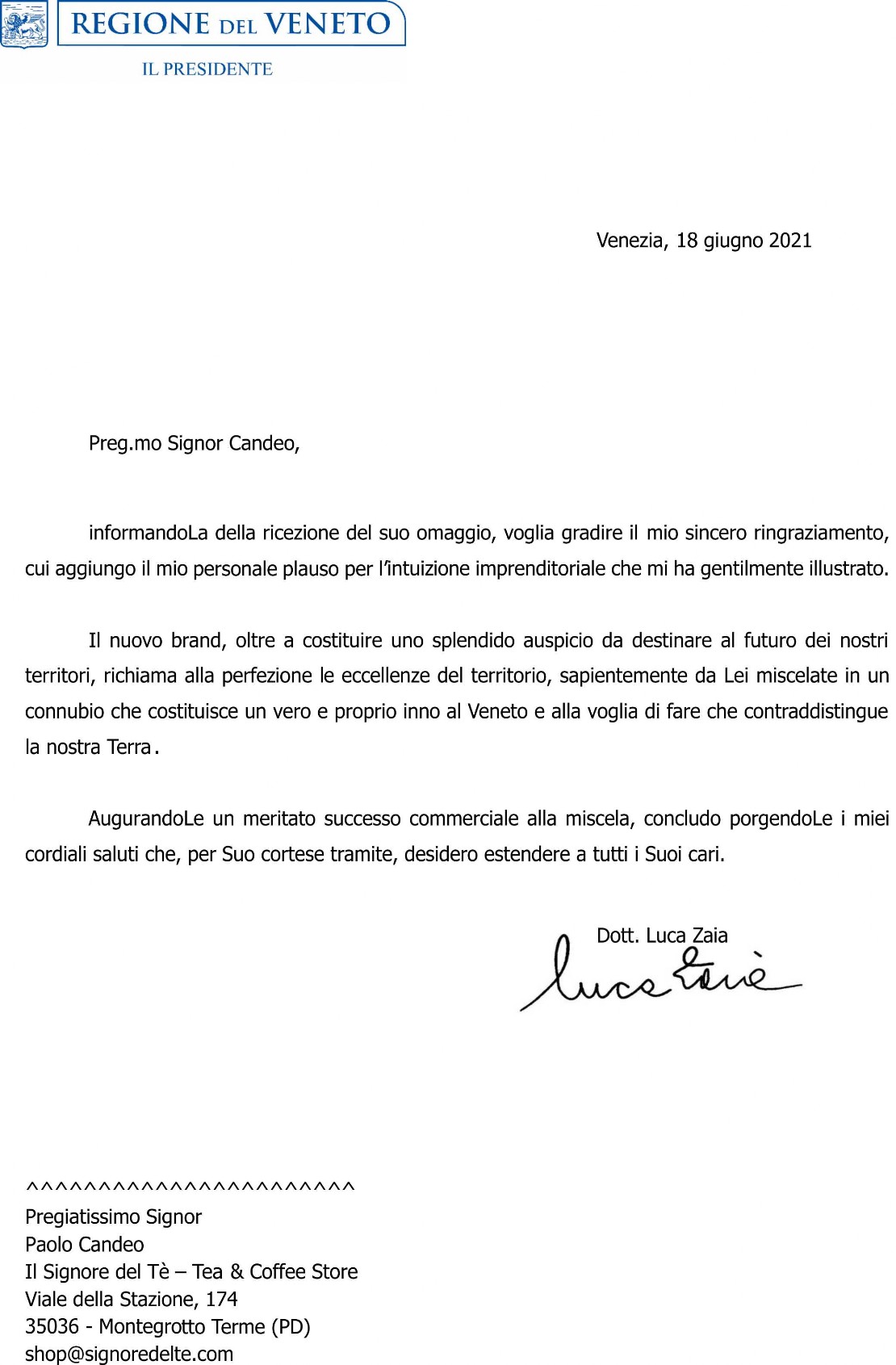 lettera presidente Zaia